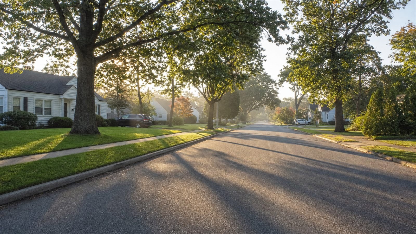 Tree-lined suburban street at sunrise